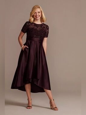 Oleg Cassini High Low Plus Size Satin Illusion Ball Gown Eggplant Purple 22W